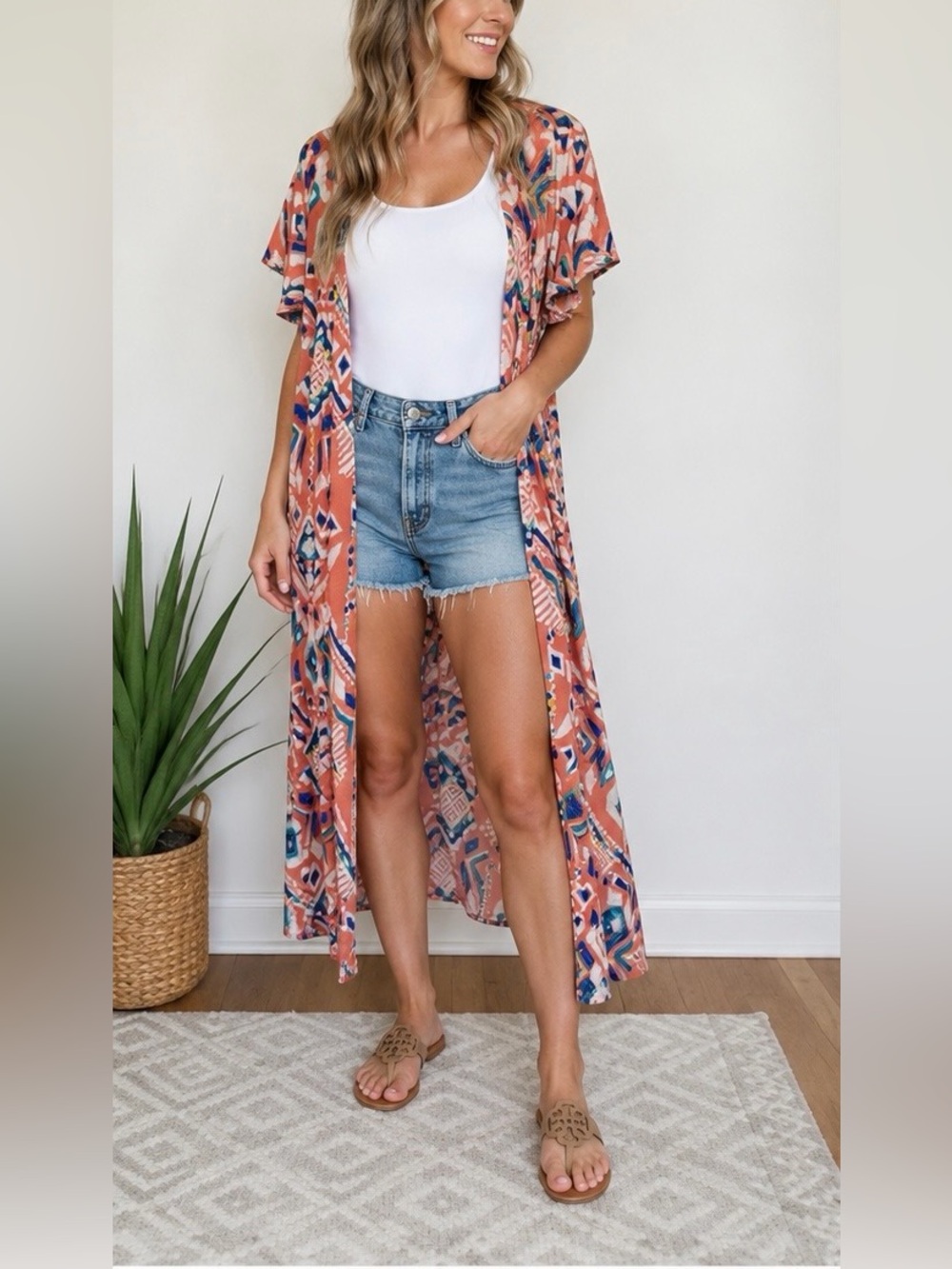 Judith March Coral Teal Aztec Print Kimono Duster w Pockets M